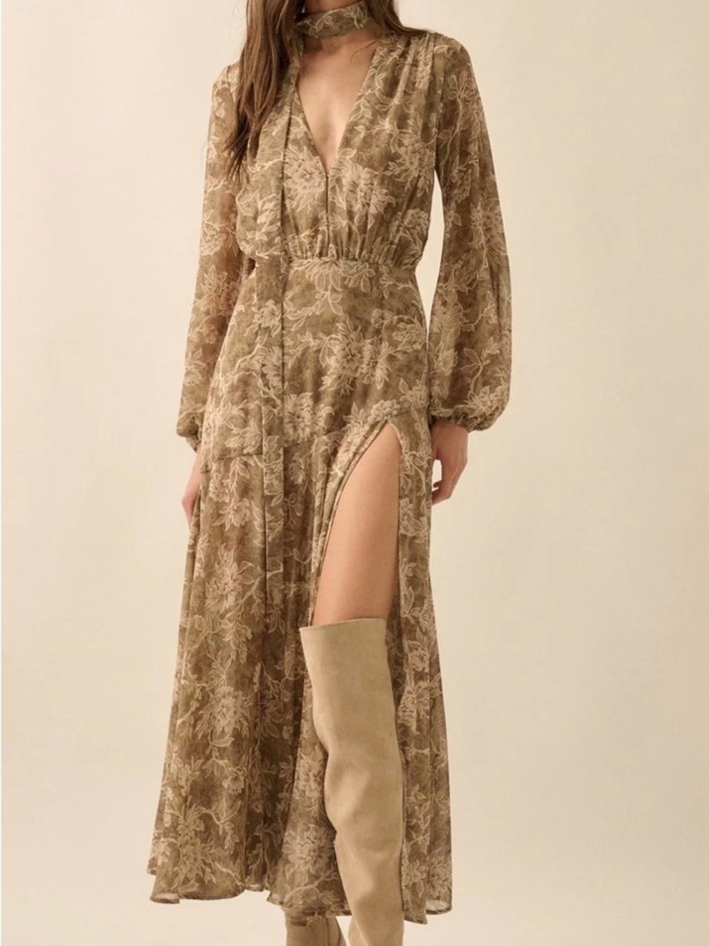 Promesa Taupe Floral Long Sleeve Maxi Dress